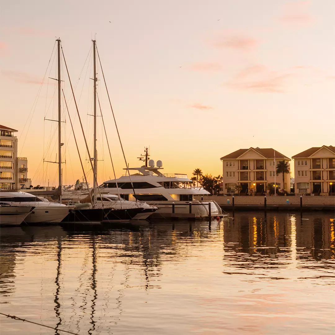 Yachts docked at a marina with calm water, buildings, and palm trees in the background at sunset.