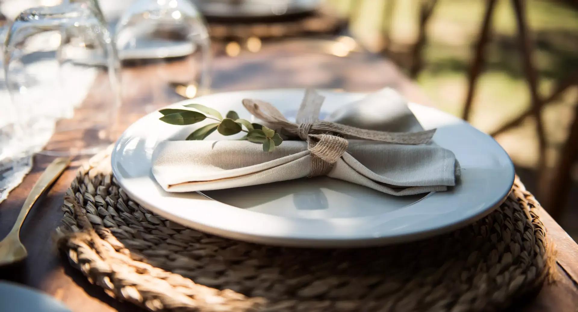 A white plate with a folded beige napkin, tied with twine and a sprig of greenery, sits on a woven placemat on a wooden table.