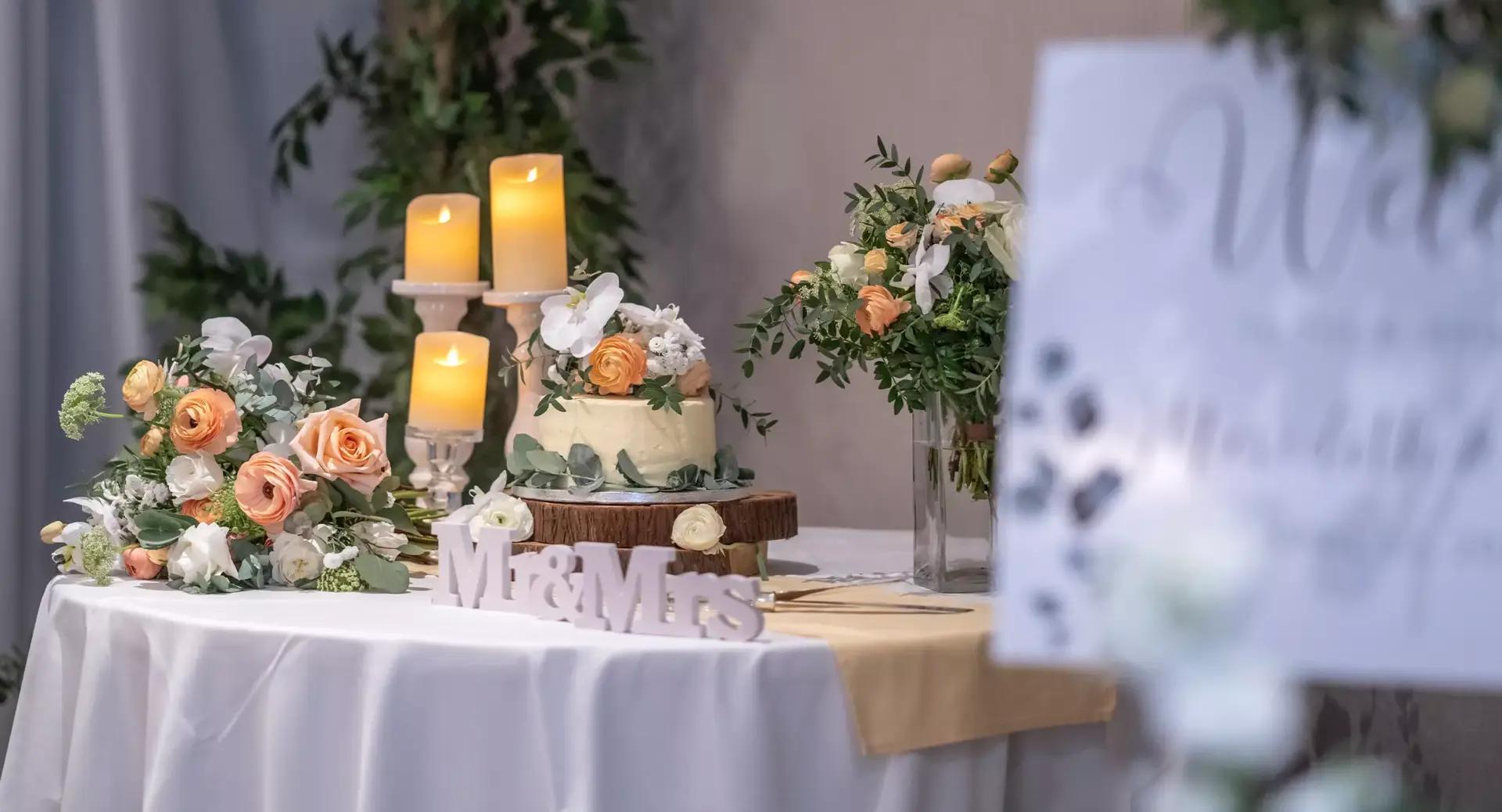 A wedding table decorated with candles, a flower arrangement, a small cake, and a 