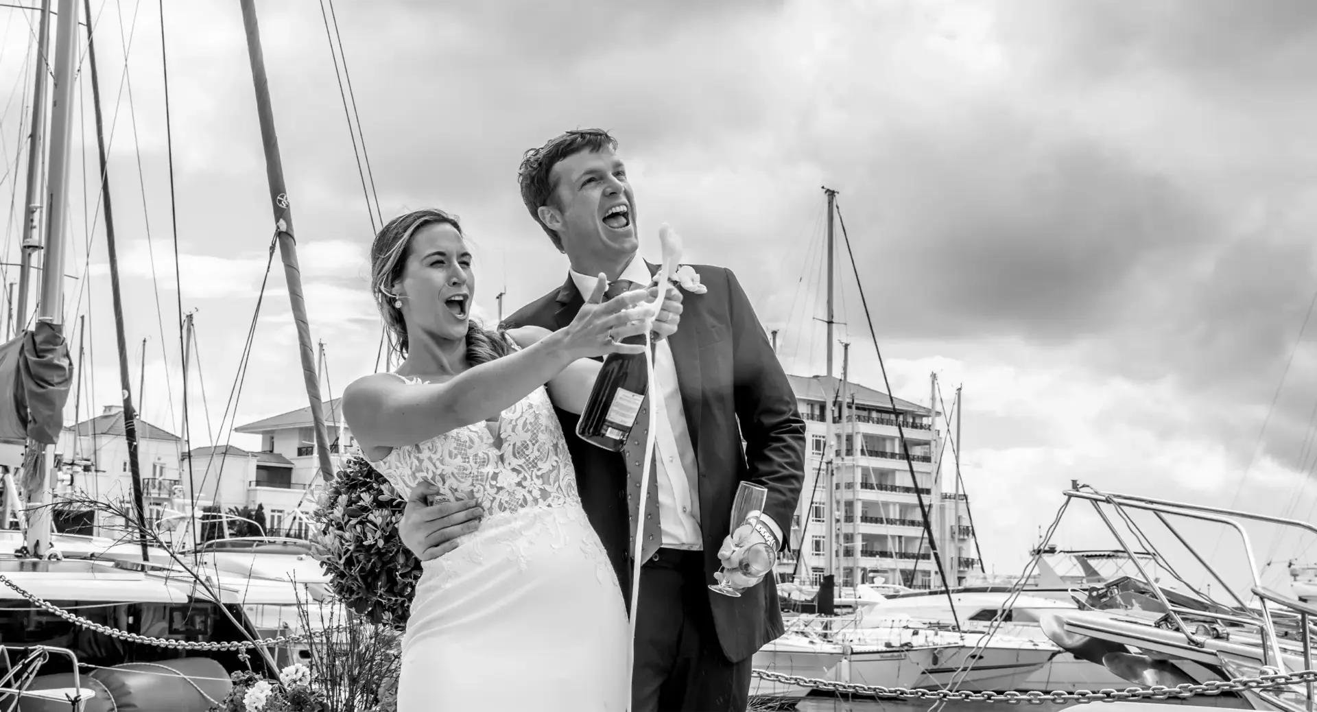 A bride and groom stand in front of boats at a marina, opening a bottle of champagne and celebrating, dressed in wedding attire.