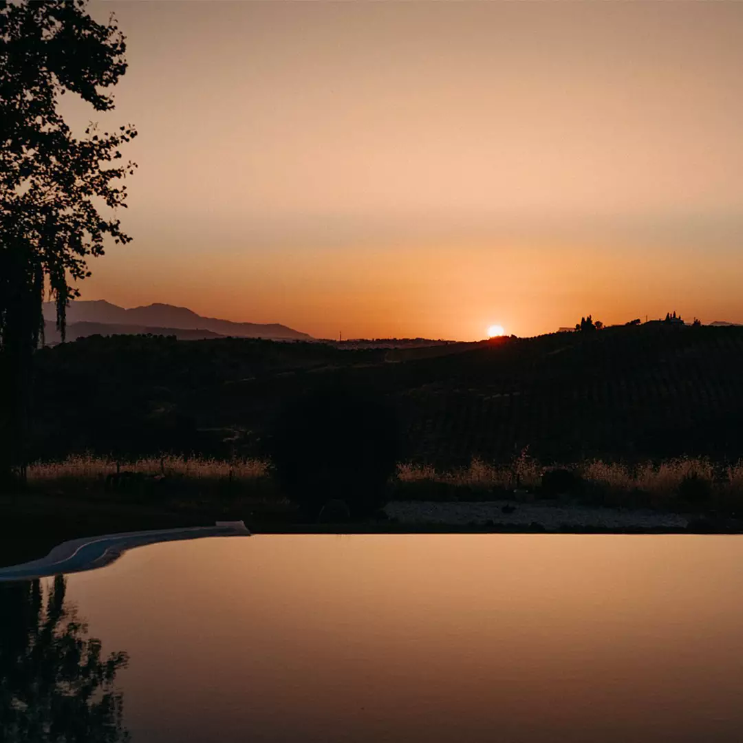 Sun setting behind distant hills, casting an orange glow over a calm landscape with a reflective pool in the foreground.